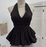 Real Shot Of Broken Flower Hanging Neck Strap Sling Sling Vest Hot Girl Low Breast With Chest Pad To Close The Waist-Lup Doll Shirt 9253