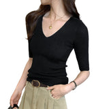 Style Of Temperament V Collar Body Sleeve Knitted Shirt Women's Unique Beauty In The Autumn To Hit The Bottom Of The Top