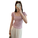 Qaqi Thin Large U-Neck Shoulder Short-Sleeved T-Shirt Women 2025 Summer New Pure Loose-In-Sensitive Top