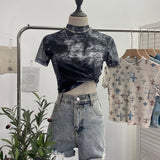 Real Shooting Retro Tie-Dye Double-Layer Mesh Half-High-Neck Short-Sleeved T-Shirt T-Shirt Short-Sleeved T-Shirted Woman 8833