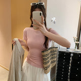 Round Collar Shoulder Short-Sleeved T-Shirt Women's Summer 2025 New Slimming Fish Bone Line Short-Hitting Shirt