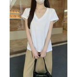 2026 Summer Korean Version Of Relaxed V-Neck Solid Color Foundation Straight Shoulder Short-Sleeved T-Shirt Top Woman