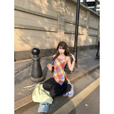 Sweet Babes Color Lattice Sling Vest Women Summer Niche Design Sense Irregular Waist Chic Outside To Wear Clothes