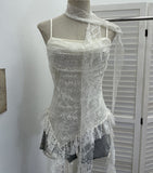 Real-Shooting Lace Splicing Irregular Lotus Leaf Edge Ribbon Sling Vest Round Neck Sexy Sleeveless Top 1218