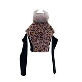 Real Shooting Leopard-Print Hair Hanging Neck High Shoulder Long-Sleeved T-Shirt Female Spliced Retro Hottie Short Top 2812-1