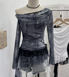 Real Shooting Mesh Collar Splicing Lace Two Long-Sleeved Coat Leaves Edge Ribbon T-Shirt Woman 1323