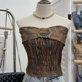 Old Style Retro Brae Waist-Dyed Wear Sexy Shoulder-Wrapped Sleeveless Top 8886