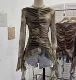 Real Shooting Hot Girl Horn Sleeve Net Yarn Bottom Shirt Girl Body Waste Wind Irregular Ribbon Long-Sleeved Top 2708