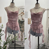 Real Shoot Spice Girl Swing Network Yarn Print Sling Vest Retivating Lotus Leaf Side Ribbon Short Top 1210