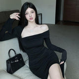 Close Waist Slim Skinny Shoulder Long Sleeve Dress Girl Spring And Autumn Pure Lust Hottie Folded Sexy Ass Short Skirt