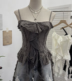 Dark Wasteland To Make Old Hole Slings Vest Irregular Lotus Side Ribbon Short Sleeveless Top 9238