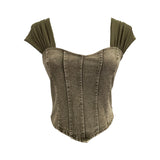 Real Clapping Collarbone Shoulder T-Shirt Women's Summer Mesh Spliced Denim Repair Short Sling Sling Vest 19051