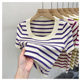 Striped Knitted Short Sleeve Fresh Sweet Simple Design Small Top Lady 2025 Summer New Fashion