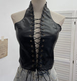 Real Shoot Babes Sexy Hollow Strap Hanging Neck Pu Sling Sling Vest Short-Carded Back Dress Woman 8120