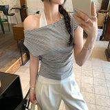 One-Word Shoulder Stripe Hanging Neck And Two Open-Shouldered Short-Sleeved T-Shirts For Women's Summer 2026 New Design Feel Korean Top