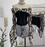Vintage Shoulder Camouflage Long Sleeve Splicing Rope Tie With Waist Shirt Folded Top 2767
