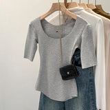 2026 Early Spring Explosion Gray U-Neck Short-Sleeved T-Shirt Women's Commuting Summer New Niche Super Beautiful Thinch Waist