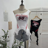 Real Shooting Retro Jersey Vest Letter Print Oblique Shoulder Hottie Wearing Lotus Edge Ribbon Ribbon Short Top 1279