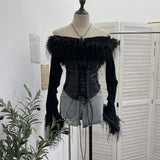 Millennial Y2K Plush Splicing Pu Skin Strap To Close Waist Folded Horn Long Sleeves One-Word Shoulder Dress Woman 1507