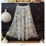 2025 New French Heavy-Bry Light Slative Three-Dimensional Flower Mesh Dress Women High-Waist A Word Loose Umbrella Skirt