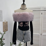Real Shot Removable Hairy Collar Shoulder Long-Sleeved T-Shirt Repair Body-Wearing Short Thai Tie Top 1370