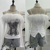 Two-Word Shoulder Hair Spliced Sling With Long-Sleeved Grinding T-Shirt T-Shirt Print Hollow Top 1367