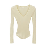 2026 Early Spring Pit Strip V Collar With The Bottom Of The Knitted Shirt Women's Autumn Minimalist High-End Feeling Long-Sleeved Top