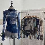 Pure Want To Play The Bottom Of The Long-Sleeved T-Shirt Design Hollow Print Irregular Mesh Yarn Personality Hottie Top 2629