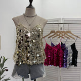 Real Shoot Hottie Sexy Night Club Heavy Bling Flash Shiny V Tie Sling Vest Sleeveless Top 3032