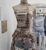 Real Shooting Spice Girls Irregular Lotus Leaf Side Ribbon With Non-Slip Strip Mesh Printing Chest Vest 8037