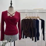 French Design Sense Hanging Neck Cross-Folded Long-Sleeved T-Shirt Inside The Fake Two-Piece Top Female 2767