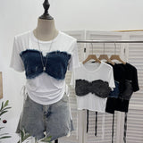Fake Two Denim Hair Side Spliced Short-Sleeved T-Shirt Side-Swaist Lace With Short Repair Body Coat 26302
