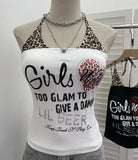 Real Shooting Babes Leopard Print Fake Two Sling Vest With Chest Cushion Hanging Neck Short Top 1592