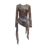 Real Shooting Babes Long Sleeves And Jersey Net Yarn Dye Printing Irregular Lotus Leaf Edge Ribbon Folding Top 9998