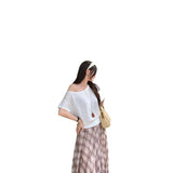 Real Shot A Word Shoulder Slant Shoulder Waist White Short-Sleeved T-Shirt Women's Summer 2026 New Pure Desire Design Sense Short Top