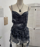 Real Shoot Spice Girl Swing Network Yarn Print Sling Vest Retivating Lotus Leaf Side Ribbon Short Top 1210
