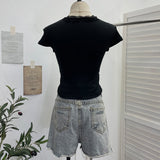 Pure-Wanted Lace Side Lace With Bow V-Neck Short-Sleeved T-Shirt T-Shirt T-Shirt Short-Sleeved Body Dress 6006