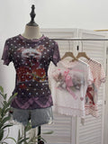 Double-Layer Screen Printed Short-Sleeved T-Shirt For Women's Summer New Dopamine Sweet Moringe Ear Top 2916