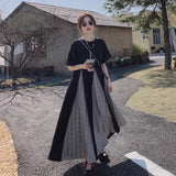 Fat Mm Large Size 300 Pounds Of Hepburn Style French Dress Summer Splicing Fake Two Loose Big Dress Woman