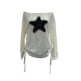 Wasteland Breeze Hot Girl Make Old Hole Star Long-Sleeved Top T-Shirt Loose Drawstring Tethered T-Shirt 6140