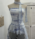 Real Shooting Spice Girls Irregular Lotus Leaf Side Ribbon With Non-Slip Strip Mesh Printing Chest Vest 8037