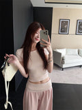 Pink Sweet High-End Casual Suit Women's Summer Shoulder Short-Sleeved T-Shirt High-Waisted Broad Leg Pants Two-Set