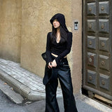 Spice Girls Vintage Black Hooded Korean Edition Autumn Slim Short Blouse Woman's New Small Design Sense