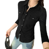 Hong Kong Wind Wears Pocket Snowflake Cotton Inside The Folded Shirt Woman 2025 Spring High-End Feeling Light Luxury To Reduce The Age Of The Gas Blouse