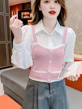 Fake Two Knitted Vest Sling Splicing Bubble Sleeves Simple Atmospheric French Design Sense Sweet Blouse Woman