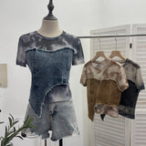 Real Shooting Of The Edge Of The Denim Splicing Tie Dye Mesh Repair Irregular Two Short-Sleeved Top T-Shirt 26171