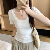 This Year's Popular Beautiful Korean U-Neck Shoulder Short-Sleeved T-Shirt Women's Summer 2025 New Sweet And Spicy Bodywear