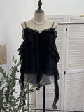 Summer Lotus Leaf Side Sling Shirt Women Feel Low Chest Bare Back Ribbon Loose Sleeveless Top 9670