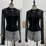 Black Hot Diamond Mesh Spliced Long-Sleeved Top Female Feeling Hot Girl Perspective Body Bottoming Shirt T-Shirt 8951