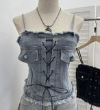Millennial Babes Vintage Cowboy Sling Girl Short Sexy Waistcoat With Sleeveless Top 2850